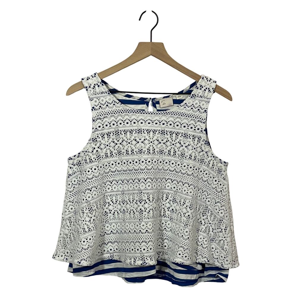 Anthropologie Postmark Crochet Lace Overlay Striped Swing Tank - White/Blue - M